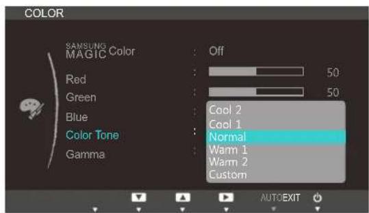 COLOR SAMSUNG MAGIC Color Red Green Blue Color Tone Gamma Off 50 50 Cool 2 Cool 1 Normal Warm 1 Warm 2 Custom AUTOEXIT