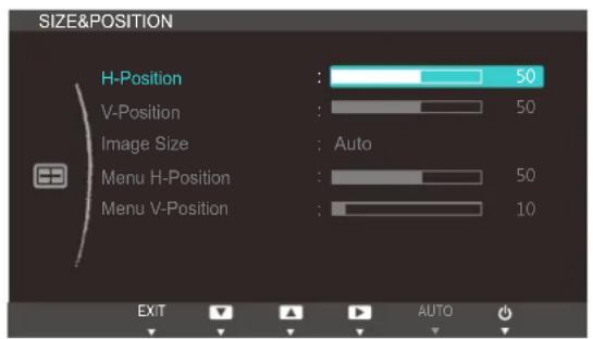 SIZE&POSITION H-Position : 50 V-Position : 50 Image Size : Auto Menu H-Position : 50 Menu V-Position : 10 EXIT AUTO