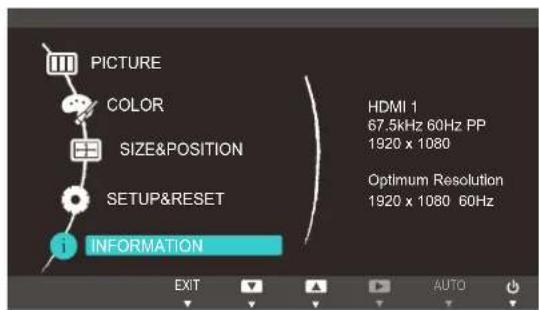 PICTURE COLOR SIZE&POSITION SETUP&RESET 1 INFORMATION HDMI 1 67.5kHz 60Hz PP 1920 x 1080 Optimum Resolution 1920 x 1080 60Hz EXIT AUTO