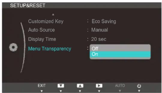 SETUP&RESET Customized Key : Eco Saving Auto Source : Manual Display Time : 20 sec Menu Transparency : Off On EXIT AUTO