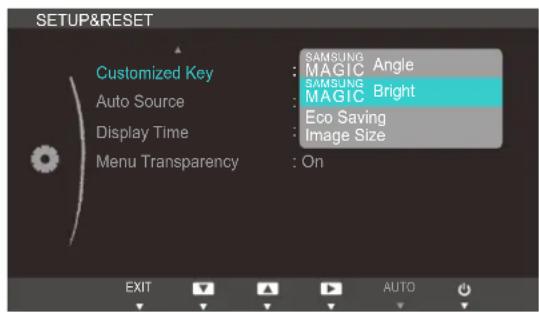 SETUP&RESET Customized Key Auto Source Display Time Menu Transparency SAMSUNG Angle MAGIC bright MAGIC Bright Eco Saving Image Size On EXIT AUTO