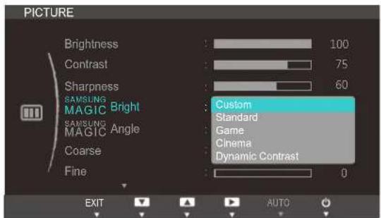 PICTURE Brightness : 100 Contrast : 75 Sharpness : 60 SAMSUNG MAGIC Bright Custom SAMSUNG MAGIC Angle Standard SAMSUNG MAGIC Angle Game Coarse Cinema Fine Dynamic Contrast EXIT AUTO