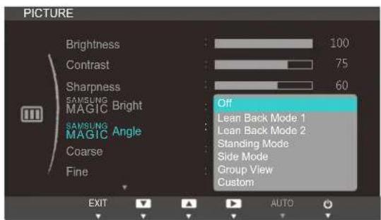 PICTURE Brightness 100 Contrast 75 Sharpness 60 SAMSUNG MAGIC Bright Off SAMSUNG MAGIC Angle Lean Back Mode 1 Coarse Loan Back Mode 2 Fine Standing Mode Side Mode Side Mode Group View Custom EXIT AUTO