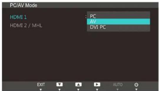 PC/AV Mode HDMI 1 : PC HDMI 2 / MHL : AV DVI PC EXIT AUTO