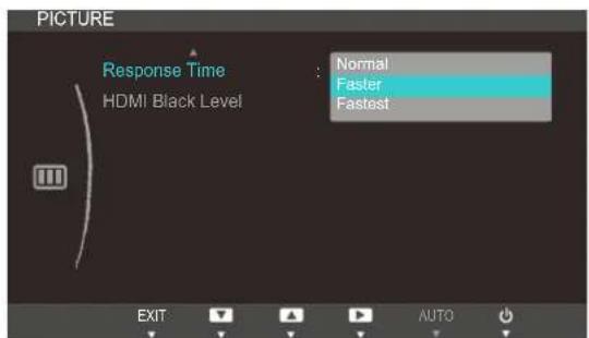 PICTURE Response Time HDMI Black Level Normal Faster Fastest EXIT AUTO