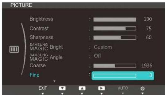PICTURE Brightness : 100 Contrast : 75 Sharpness : 60 SAMSUNG MAGIC Bright : Custom SAMSUNG MAGIC Angle : Off Coarse : 1936 Fine : 0 EXIT AUTO