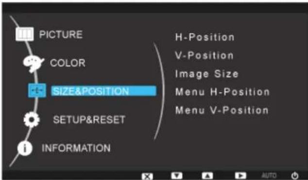 PICTURE COLOR SIZE&POSITION SETUP&RESET INFORMATION H-Position V-Position Image Size Menu H-Position Menu V-Position