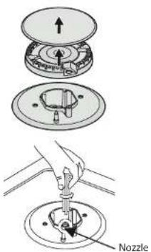 Diagram illustrating the step-by-step assembly of a mechanical device with labeled parts including 'Nozzle' and directional arrows.