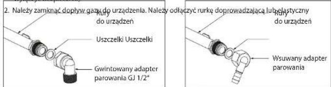 2. Należy zamknać dopływ gazy do urządzenia. Należy odłączyć rurkę doprowadzającą lubelastyczny do urządzeń Uszczelki Uszczelki Gwintowany adapter parowania GJ 1/2" do urządzeń Wsuwany adapter parowania