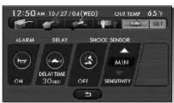 12:50 AM 10/27/04 (WED) OUT TEMPERATURE 65°F ALARM DELAY SHOCK SENSOR ON DELAY TIME OFF SENSITIVITY MIN
