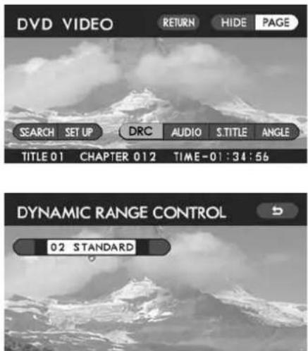 DVD VIDEO RETURN HIDE PAGE SEARCH SET UP DRC AUDIO S. TITLE ANGLE TITLE 01 CHAPTER 012 TIME-01:34:56 DYNAMIC RANGE CONTROL 02 STANDARD