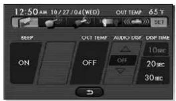 12:50 AM 10/27/04(WED) OUT TEMPERATURE SET BEEP OUT TEMP AUDIO DIP DISP TIME ON OFF 10sec OFF 20sec 30sec