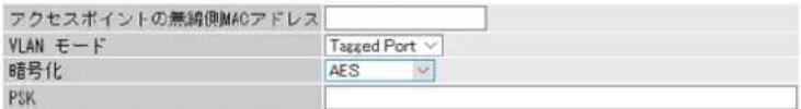 アクセスポイントの無縛側MACアドレス VLAN モード Tagged Port 暗号化 AES PSK