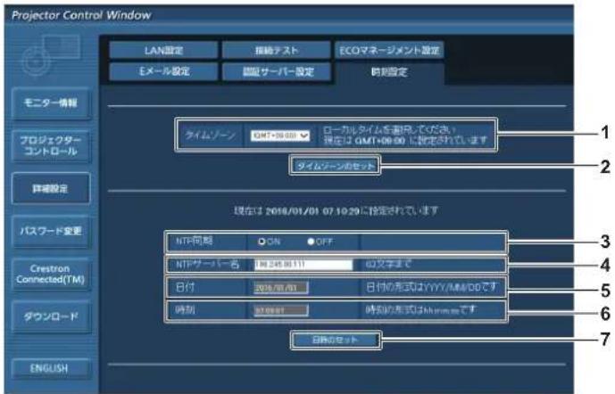 プロジェクターコントロールウィンドウ LAN設定 推給テスト ECOマネージメント設定 Eメール設定 国際サーバー設定 時刻設定 モニター情報 プロジェクターコントロール 詳細設定 パスワード変更 Crestron Connected(TM) ダウンロード ENGLISH タイムゾーン GMT-29:00 ローカルタイムを覧みしてください 現在は GMT+08:00 に設定されています タイムゾーンセット 現在は 2018/01/01 07:10:29 に設定されています NTP回復 ON OFF NTPサーバー名 日付345:00:11 @文字まで B付 @文字まで 日付の形式はYYYY/M…