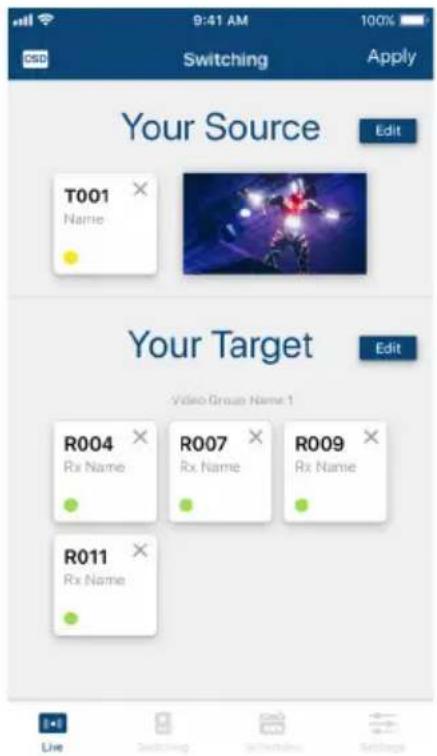 Switching Apply Your Source Edit T001 Name Your Target Edit Video Group Name 1 R004 Rx Name R007 Rx Name R009 Rx Name R011 Rx Name Live Switching Switching Settings