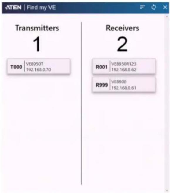 ATEN | Find my VE Transmitters 1 T000 VE8950T 192.168.0.70 Receivers 2 R001 VE8950R123 192.168.0.62 R999 VE8900 192.168.0.61