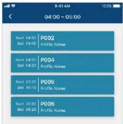 04:00 ~ 05:00 Start 04:33 | P002 End 04:48 | Profile Name Start 04:25 | P004 End 04:33 | Profile Name Start 03:27 | P005 End 04:19 | Profile Name Start 22:30 | P006 End 06:23 | Profile Name
