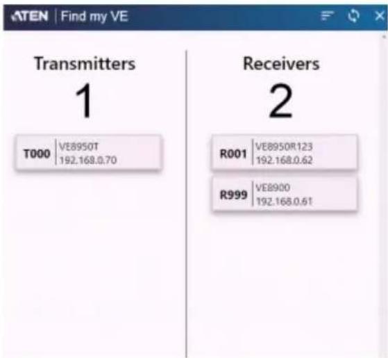 ATEN | Find my VE Transmitters 1 T000 | VE8950T 192.168.0.70 Receivers 2 R001 | VE8950R123 192.168.0.62 R999 | VE8900 192.168.0.61