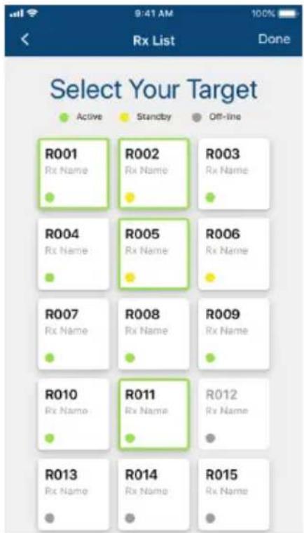 9:41 AM Rx List Done Select Your Target Active Standby Off-line R001 R002 R003 Rx Name Rx Name Rx Name R004 R005 R006 Rx Name Rx Name Rx Name R007 R008 R009 Rx Name Rx Name Rx Name R010 R011 R012 Rx Name Rx Name Rx Name R013 R014 R015 Rx Name Rx Name Rx Name