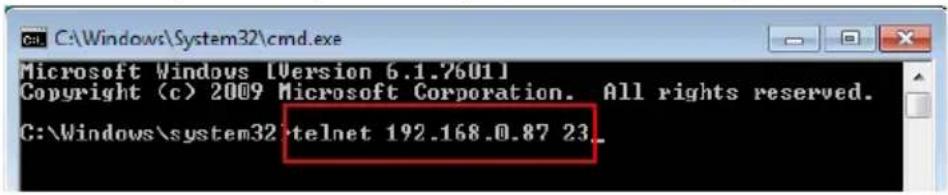 Microsoft Windows [Version 6.1.7601] Copyright (c) 2009 Microsoft Corporation. All rights reserved. C:\Windows\system32\telnet 192.168.0.87 23_