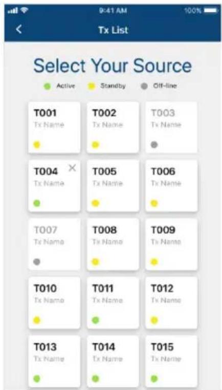 Select Your Source Active Standby Off-line T001 Tx Name T002 Tx Name T003 Tx Name T004 × T005 Tx Name T006 Tx Name T007 Tx Name T008 Tx Name T009 Tx Name T010 Tx Name T011 Tx Name T012 Tx Name T013 Tx Name T014 Tx Name T015 Tx Name