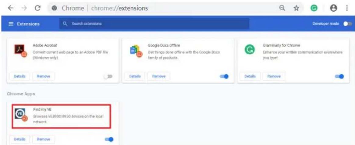 Chrome | chrome://extensions Extensions Search extensions Developer mode Adobe Acrobat Convert current web page to an Adobe PDF file (Windows only) Details Remove Google Docs Offline Get things done offline with the Google Docs family of products. Details Remove Grammarly for Chrome Enhance your written communication everywhere you type! Details Remove Chrome Apps Find my VE Browse VE8900/8950 devices on the local network Details Remove