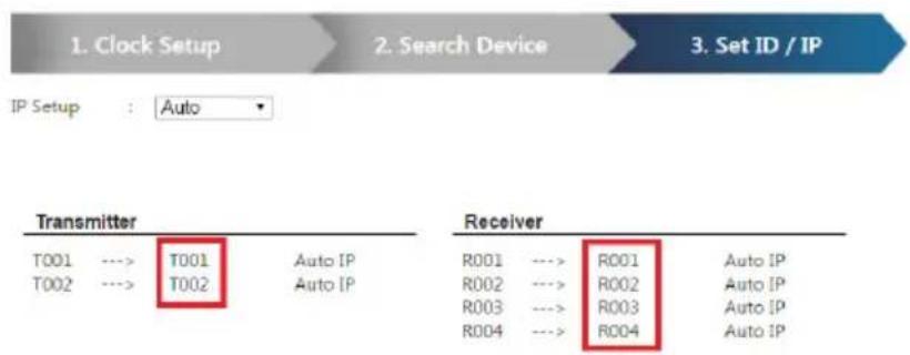 1. Clock Setup 2. Search Device 3. Set ID / IP IP Setup : Auto Transmitter T001 ---> T001 Auto IP T002 ---> T002 Auto IP Receiver R001 ---> R001 Auto IP R002 ---> R002 Auto IP R003 ---> R003 Auto IP R004 ---> R004 Auto IP