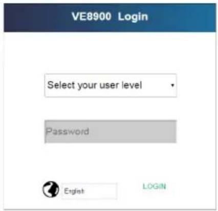 VE8900 Login Select your user level Password English LOGIN