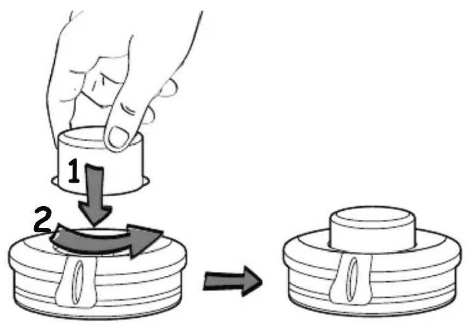 Diagram illustrating a mechanical press operation with labeled steps 1 and 2, showing hand positioning and rotation of a component.
