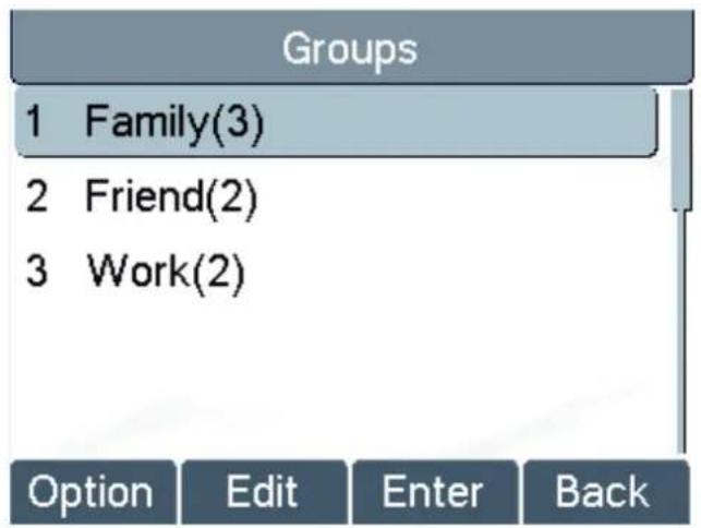 Groups 1 Family(3) 2 Friend(2) 3 Work(2) Option Edit Enter Back