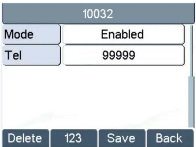 10032 Mode Enabled Tel 99999 Delete 123 Save Back