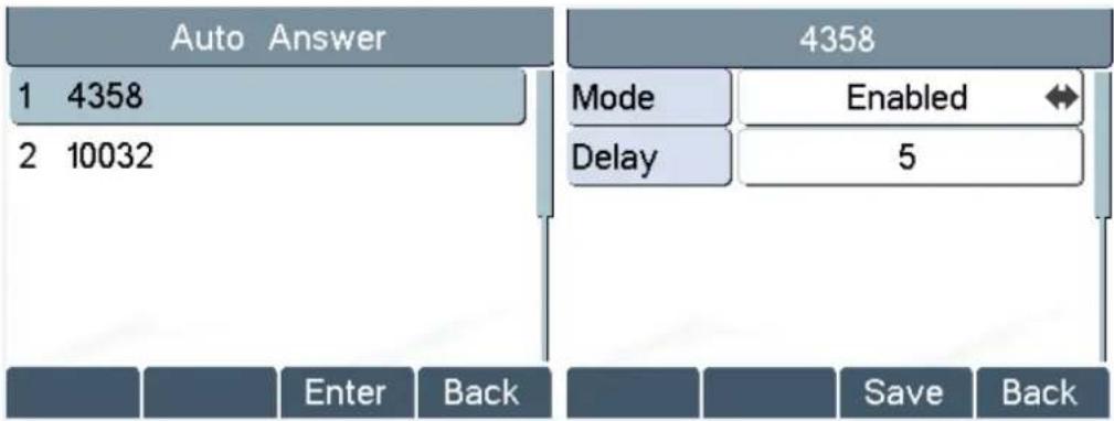 Auto Answer 1 4358 2 10032 4358 Mode Enabled Delay 5 Enter Back Save Back