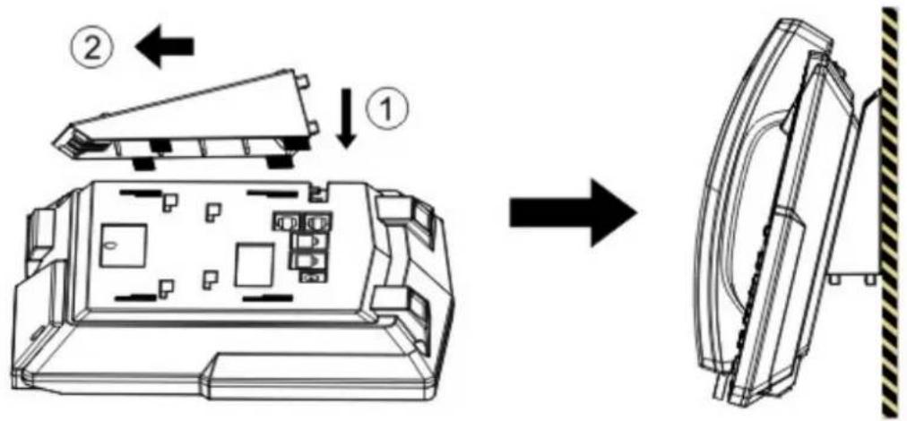 Technical diagram showing assembly steps of a device with labeled components and directional arrows
