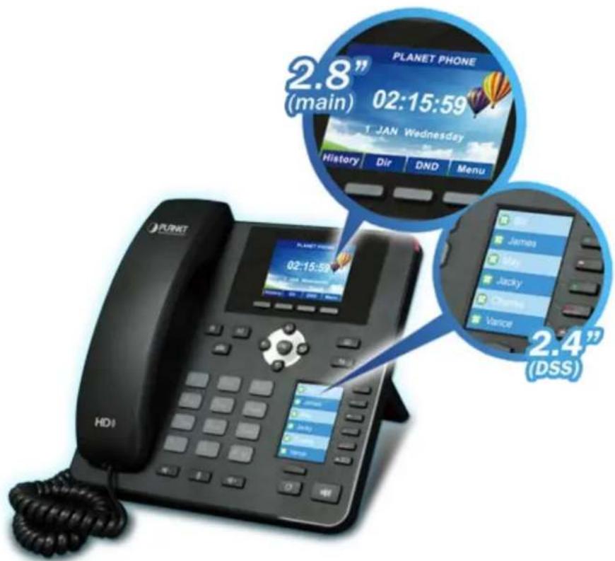 PLANET PHONE 2.8" (main) 02:15:59 1 JAN Wednesday History Dir DND Menu PLANET HD1 02:15:59 2.4" (DSS)