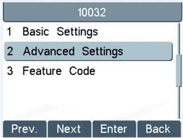 10032 1 Basic Settings 2 Advanced Settings 3 Feature Code Prev. Next Enter Back
