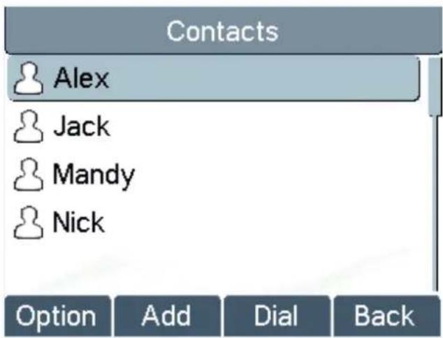 Contacts Alex Jack Mandy Nick Option Add Dial Back