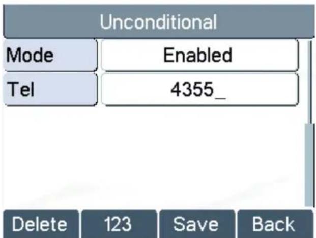 Unconditional Mode Enabled Tel 4355_ Delete 123 Save Back