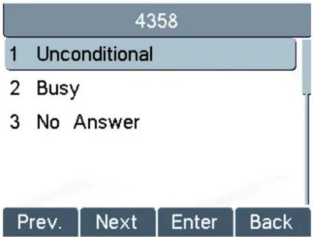 4358 1 Unconditional 2 Busy 3 No Answer Prev. Next Enter Back