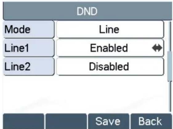 DND Mode Line Line1 Enabled Line2 Disabled Save Back