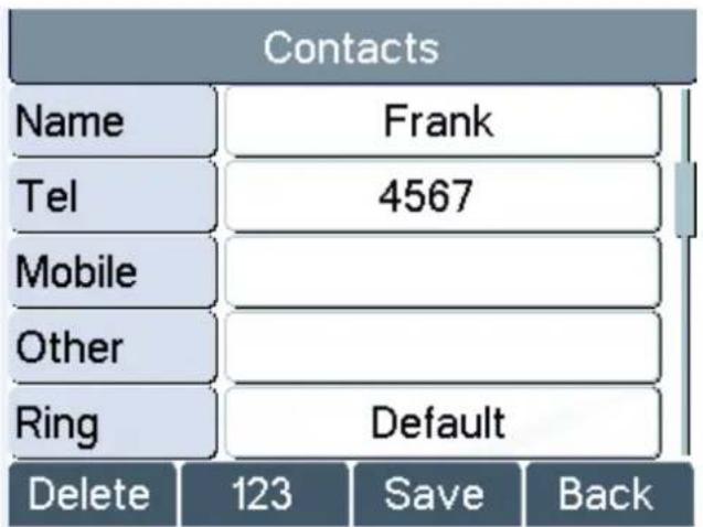 Contacts Name Frank Tel 4567 Mobile Other Ring Default Delete 123 Save Back