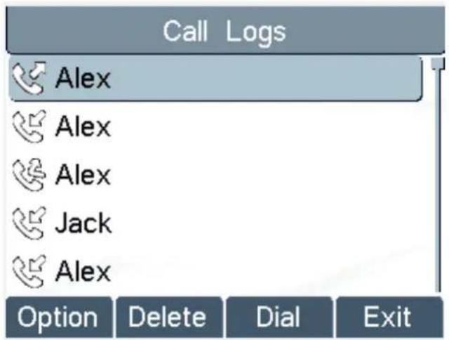 Call Logs Alex Alex Alex Jack Alex Option Delete Dial Exit