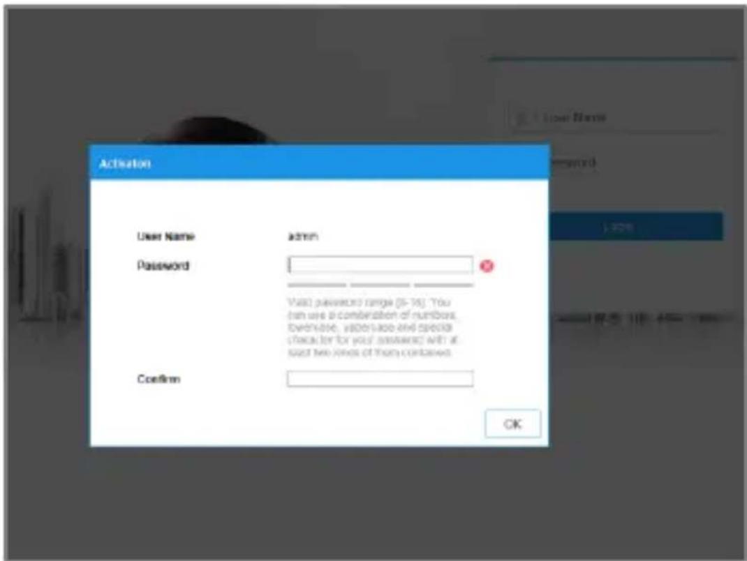 Activation User Name admin Password Visit password range (0-16). You can use a combination of numbers, videos, images, and special character for your passwords with at least two kinds of them contained. Confirm OK
