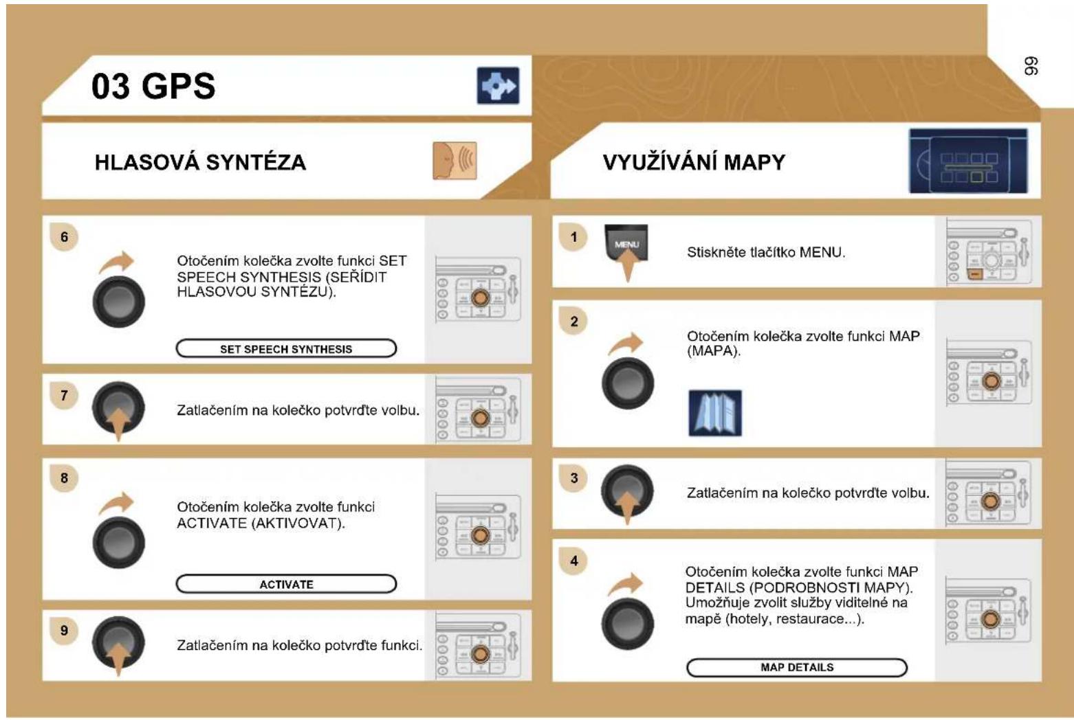 03 GPS HLASOVÁ SYNTÉZA VYUŽÍVÁNÍ MAPY 6 Otočením kolečka zvolte funkci SET SPEECH SYNTHESIS (SERÍDIT HLASOVOU SYNTÉZU). SET SPEECH SYNTHESIS 7 Zatlačením na kolečko potvrďte volbu. 8 Otočením kolečka zvolte funkci ACTIVATE (AKTIVOVAT). ACTIVATE 9 Zatlačením na kolečko potvrďte funkci. 1 MENU Stiskněte tlačítko MENU. 2 Otočením kolečka zvolte funkci MAP (MAPA). 3 Zatlačením na kolečko potvrďte volbu. 4 Otočením kolečka zvolte funkci MAP DETAILS (PODROBNOSTI MAPY). Umožňuje zvolit služby viditelné na mapě (hotely, restaurace...). MAP DETAILS
