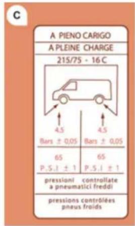 A PIENO CARIGO A PLEINE CHARGE 215/75 - 16 C 4,5 Bars ± 0,05 4,5 Bars ± 0,05 65 P.S.I ± 1 65 P.S.I ± 1 pressioni controllate a pneumatici freddi pressions contrôlées pneus froids