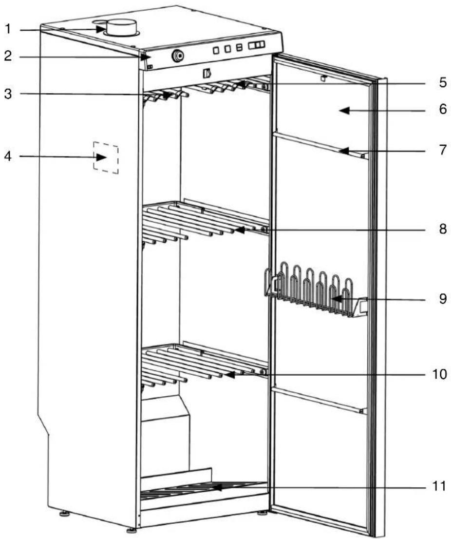 Technical diagram of a refrigerator with numbered parts for identification