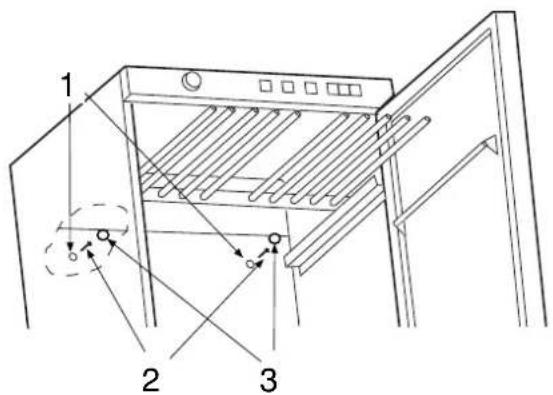 Technical diagram of a refrigerator with labeled parts and directional arrows indicating assembly or movement.