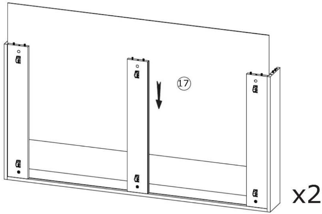Technical line drawing of a two-panel electrical enclosure with mounting holes and a downward arrow indicating a component (no text or symbols)