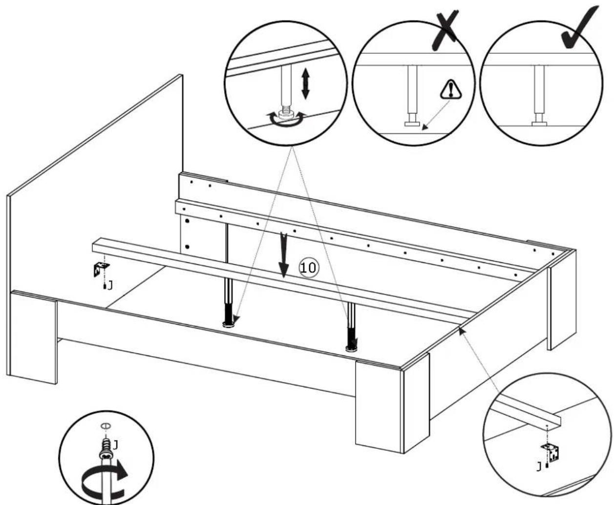 Technical diagram illustrating mechanical assembly with labeled components and directional arrows, including checkmarks and cross symbols.