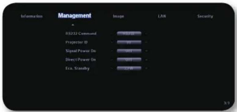 Information Management Image LAN Security RS222 Command RS222 Projector ID VY Signal Power On OUT Direct Power On OUT Eco. Standby 3/3