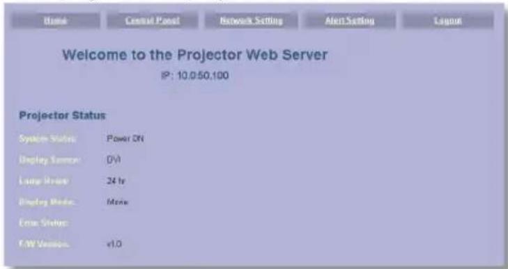 Welcome to the Projector Web Server IP: 10.0/50.100 Projector Status System Status: Power ON Display Source: DVI Large Status: 24 fr Display Mode: None Error Status: F/W Version: v1.0